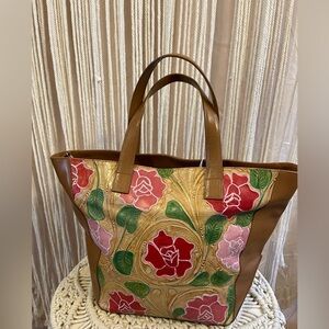 Ellecieffe Tooled Leather Floral Handbag, brown tan red pink green purse